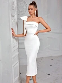 Elisanya Vestido de cóctel ADYCE de un hombro, unicolor, con lazo decorativo, escote strapless, abertura en la espalda y hasta la rodilla, blanco, elegante y semiformal para bodas, cumpleaños, graduación, cena o eventos