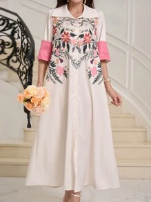 Al Najma 女士休闲印花简约日常朴素连衣裙（图案随机） - 杏色 - 查看 7