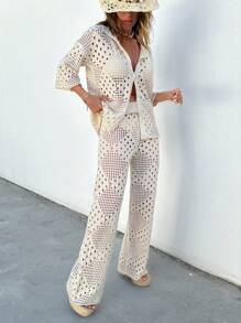 EURMUSE 鑽石針織花狀領飾連身褲夏季連身套裝遮陽服 - 米色 - 查看 6