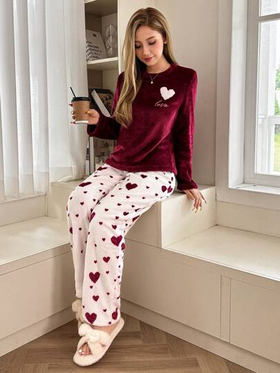 Heart Shaped Flannel Long Sleeve Top Pants Fluffy Pajama Set Warmth Cozy Elegante s, Fall Clothes view 6