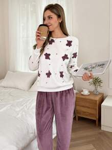 泰迪熊法兰绒长袖上衣和裤子蓬松睡衣套装，秋冬服装，舒适保暖 - 紫色 - 查看 2