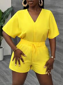 Slaydiva Casual V Neck Bat Sleeve Short Sleeve Shorts Yellow Women's Jumpsuit-C