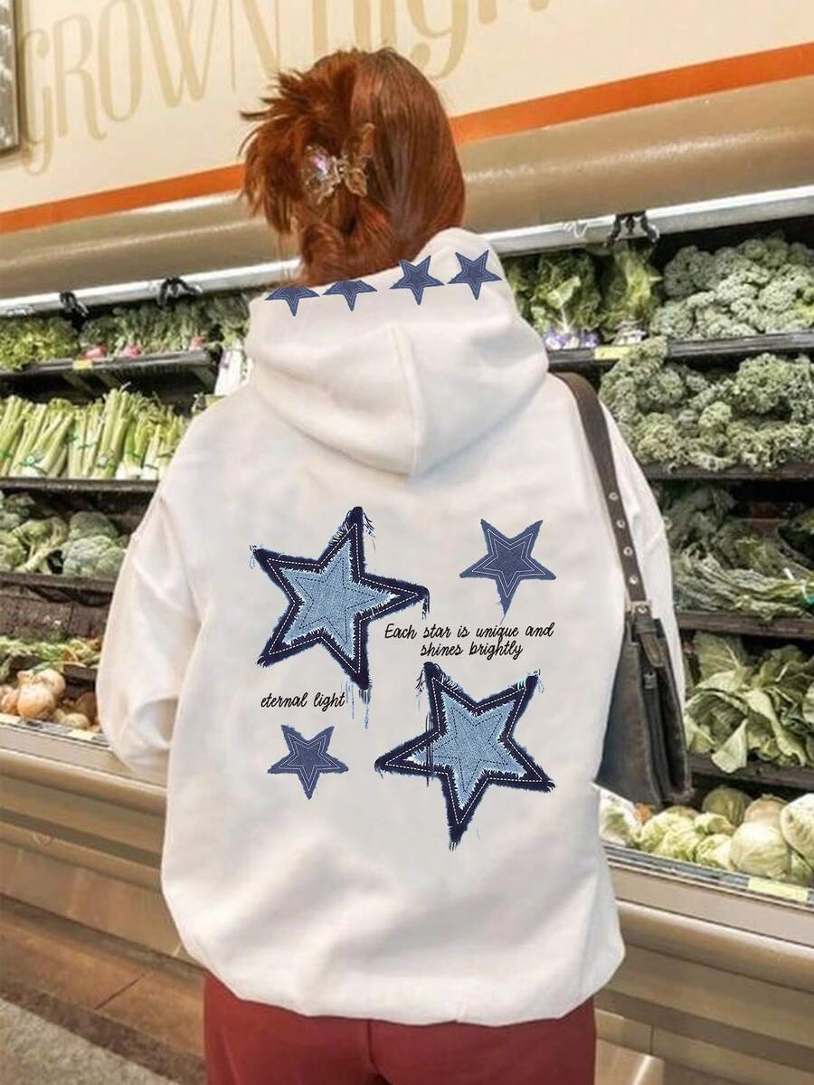 INAWLY Y2K White Hoodie Sweatshirt With Simplistic Pentagram Graphic - White - View 1