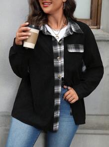 SHEIN LUNE Plus Size Women's Solid Plaid Patchwork Long Sleeve Jacket
