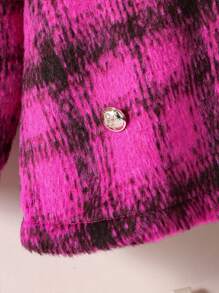 Infant Girls' Warm Plaid Print Ruffled Collar Buttoned Puffer Jacket, Winter - Hot Pink - View 4