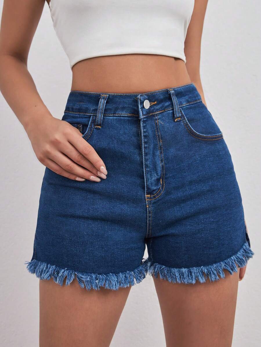 SHEIN Cottnline شورت ميني مع تفاصيل شق الهيم الخام - أزرق متوسط - مشاهدة 1