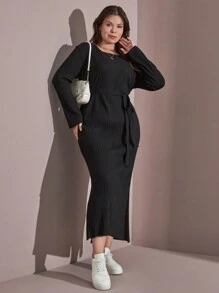 EURMUSE Cotton Plus Casual Cottonline Belted Dress With Side Slits - Black - View 5