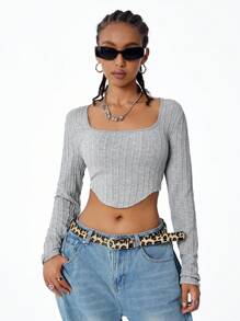 SHEIN Coolane Women's Fall Basic Streetwear Fashion Knit Cable-Knit Textured Fitted  Long Sleeves Grey Tee For Back To School