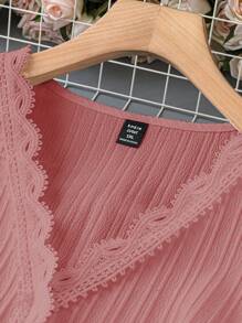 SHEIN LUNE Plus Lace Trim V Neck Blouse - Dusty Pink - View 4