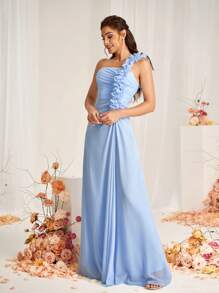 SHEIN Belle 不对称领口褶饰蕾丝装饰 A 字型伴娘礼服（成人）优雅正式晚会舞会婚礼宾客礼服，适合毕业典礼、晚宴派对 - 淺藍色 - 查看 5