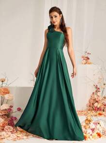 SHEIN Belle Vestido de satén asimétrico en color verde musgo elegante y romántico con decoración floral 3D, falda plisada tipo globo, adecuado para bodas y eventos formales como vestido de dama de honor