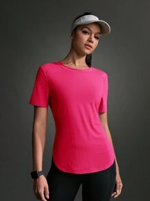 Women Contrast Color Short Sleeve Casual Sporty T-Shirt & Tank Top Gym Shirts - Hot Pink - View 11