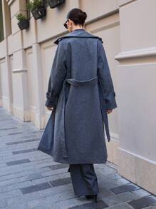 SHEIN Tall Double Breasted Slant Pocket Belted Overcoat - Grey - View 2
