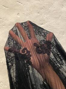 Celure Plus Size Women's Solid Color Lace Patchwork Long Sleeve Dress