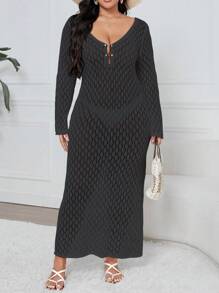 SHEIN Clasi Đầm len dài tay hở lưng cổ tròn màu trơn cỡ lớn - Màu xám đen - Xem 1