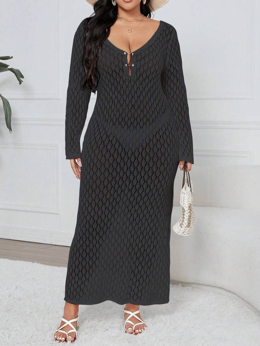 SHEIN Clasi Đầm len dài tay hở lưng cổ tròn màu trơn cỡ lớn - Màu xám đen - Xem 1