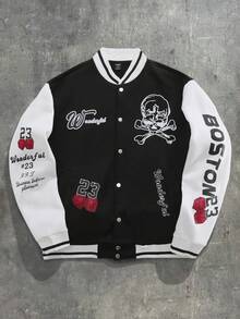 PAVTROS 男士彩色块字母和骷髅印花长袖夹克，秋季男士万圣节冬季夹克 - 黑與白 - 查看 2