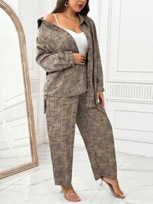 SHEIN LUNE 2pcs/Set Plus Size Casual Allover Print Long Sleeve Shirt And Pants Set, Spring/Fall - Apricot - View 5