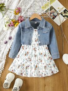 SHEIN Young Girl Denim Jacket & White Dress With Cute Floral Patchwork Design - White - View 1