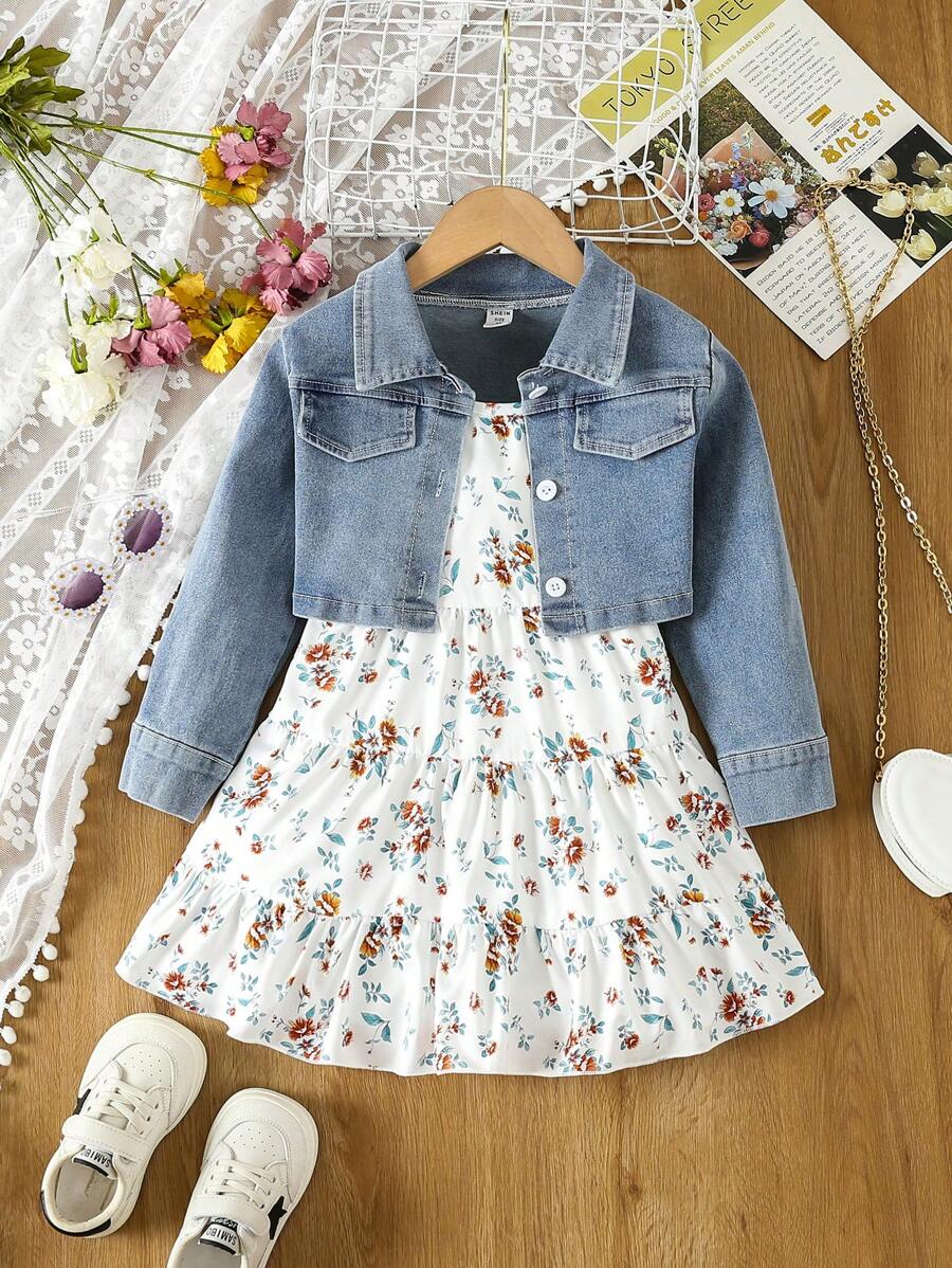 SHEIN Young Girl Denim Jacket & White Dress With Cute Floral Patchwork Design - White - View 1