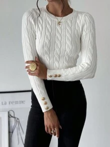 Firerie Women's Elegant Casual College Style White Crew Neck Cable Knit Fitted Sweater,Ladies Spring/Fall Casual Button,Cable-Knit Long Sleeve Slim Fit White Viscose Regular Sleeve Pullovers Women Sweaters,Long Sleeve Tops, Fall And Winter,Business, Casual,Oldmoney, White, Longsleeve, Crewneckl,Graduation,Teacher Outfits For Women,Back To School,Knitted Sweater - White - View 3