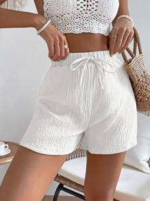 SHEIN VCAY Summer Tie Waist Solid  Shorts - White - View 5