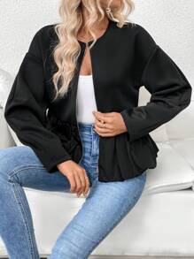 Chiquease Dropped Shoulder Floral Hem Fashion Jacket, Spring And Autumn - Black - View 5