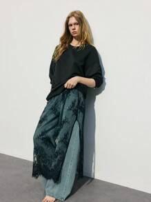 Maija 2pcs Women's Casual Solid Color Sweatshirt And Lace Side Slit Skirt Set