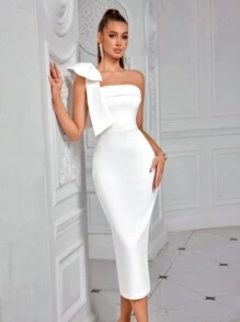 Elisanya ADYCE 单肩纯色蝴蝶结装饰露肩开衩露背中长款鸡尾酒会舞会礼服白色优雅半正式婚礼宾客礼服，适合生日、毕业典礼、晚宴、返校节 - 白色 - 查看 1