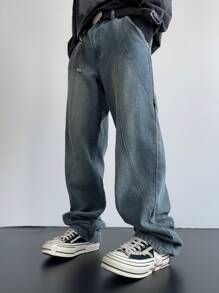 Manfinity EMRG Y2K Retro Streetwear Men's Faded Dark Blue Distressed Flare Leg Jeans With Unique Stitching Design