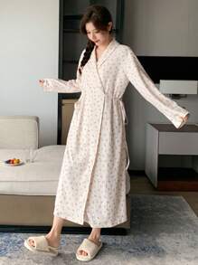 DAZY Women's Striped & Floral Wrap Long Sleeve Robe Pajama - Beige - View 6