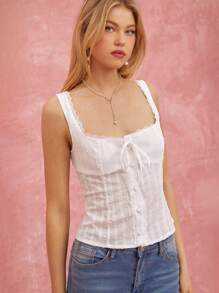 Enchnt Top de tirantes con cuello cuadrado, frente de encaje en contraste y lazo para mujer en verano