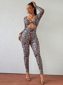 Zolique Combinaison longue femme avec boucle décorative ajourée, imprimé léopard sexy - Tabac - Voir 3