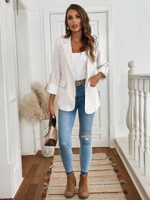 SHEIN LUNE 女士休闲条纹卷袖西装外套，秋冬 - 杏色 - 查看 5