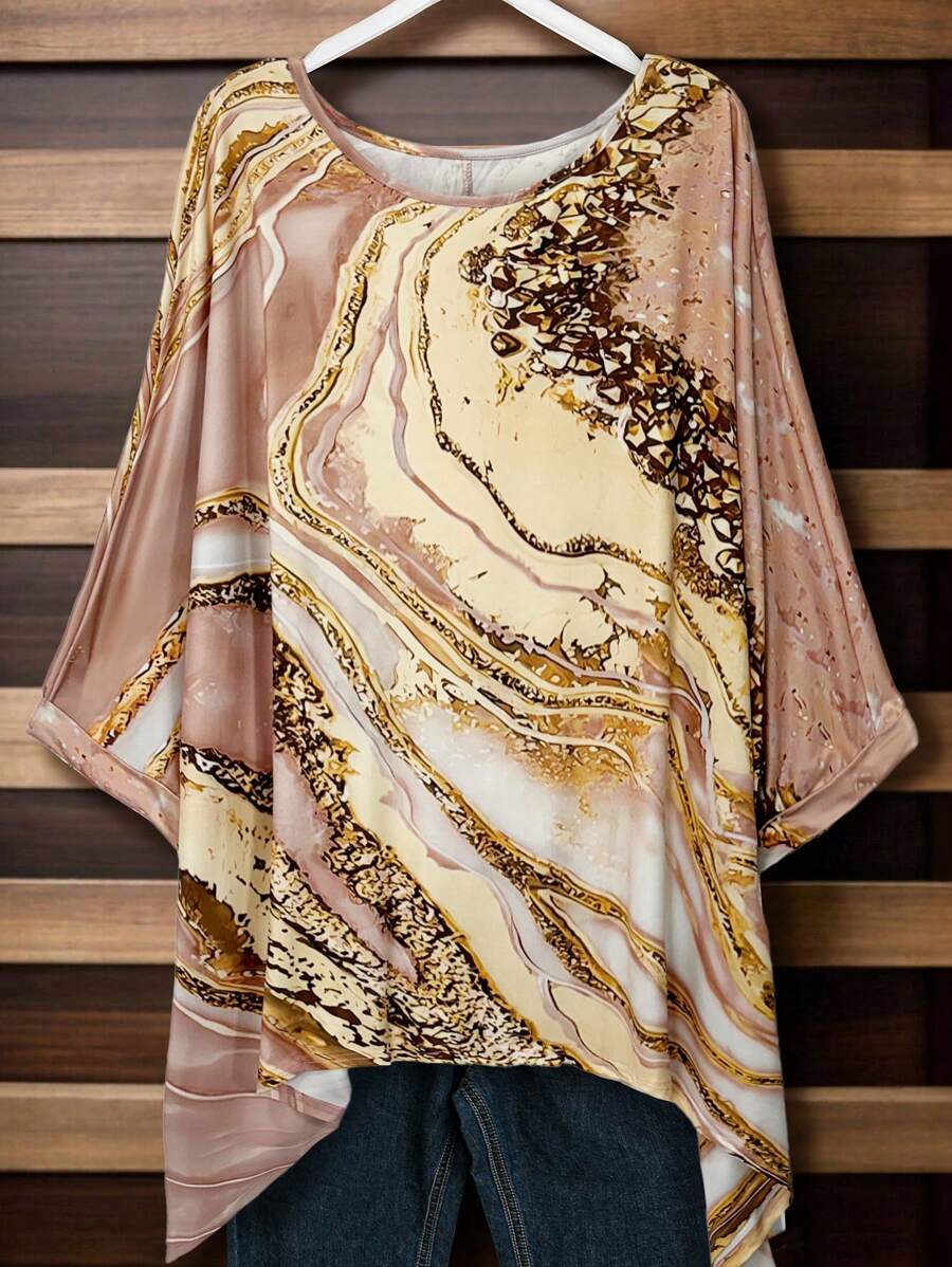 EMERY ROSE Plus Size Vacation Casual Marble Printed Batwing Sleeve Shirt - Pink - View 1