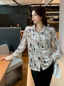 DAZY 1pc Women's Full Floral Print Long Sleeve Blouse,Fall Clothes Graphic Tee - Apricot - View 6