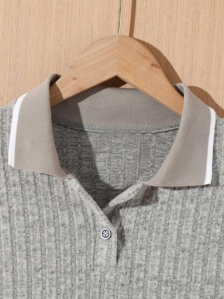 2 piezas Conjunto de camisa polo texturizada y pantalones de moda para niño preadolescente, estilo de ropa urbana - Gris - Añade 3