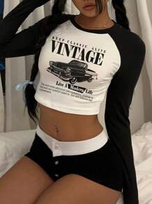 SHEIN EZwear 复古赛车单色拼布短款圆领长袖修身女式 T 恤，春秋 - 黑與白 - 查看 3