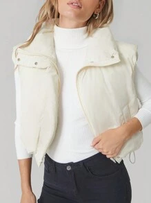 SHEIN EZwear Khaki Woven Sleeveless Ladies' Winter Jacket - Khaki - View 4