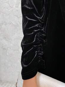 SHEIN Clasi Velvet Cuffed Ruched Black Blazer For Women - Black - View 7