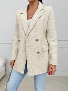 RueChic Lapel Neck Flap Detail Double Button Blazer - Beige - View 4
