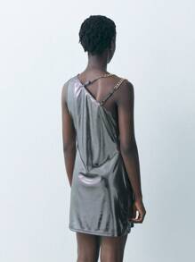 Maija Vestido corto de verano para mujer con cuello asimétrico metálico, vestido metálico, vestido de brillo, vestido brillante