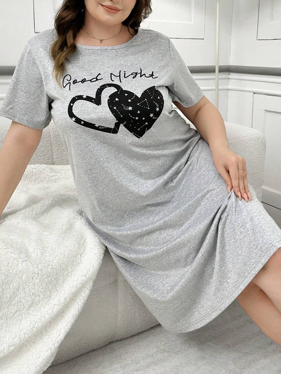 Plus Letter & Star Sky Heart Printed Short Sleeve T-Shirt Style Nightgown, Moo Moo - Light Grey - View 1