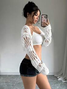 SHEIN Unity Áo len cardigan ngắn màu trơn cho nữ, mùa xuân và mùa hè - trắng - Xem 6