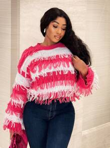 BamGleam Suéter para mujer, blusa para mujer, mangas largas de punto, cuentas cortas colgantes, contraste de color, color rosa, suelto y sexy, reunión amigable, todas las estaciones, ropa de otoño e invierno para mujer