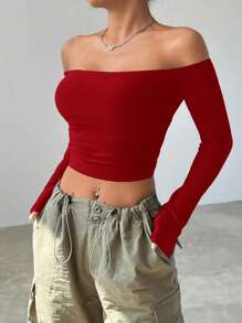 SHEIN EZwear Women's Off-Shoulder Short-Sleeve Solid Color Slim Fit T-Shirt, Spring Summer