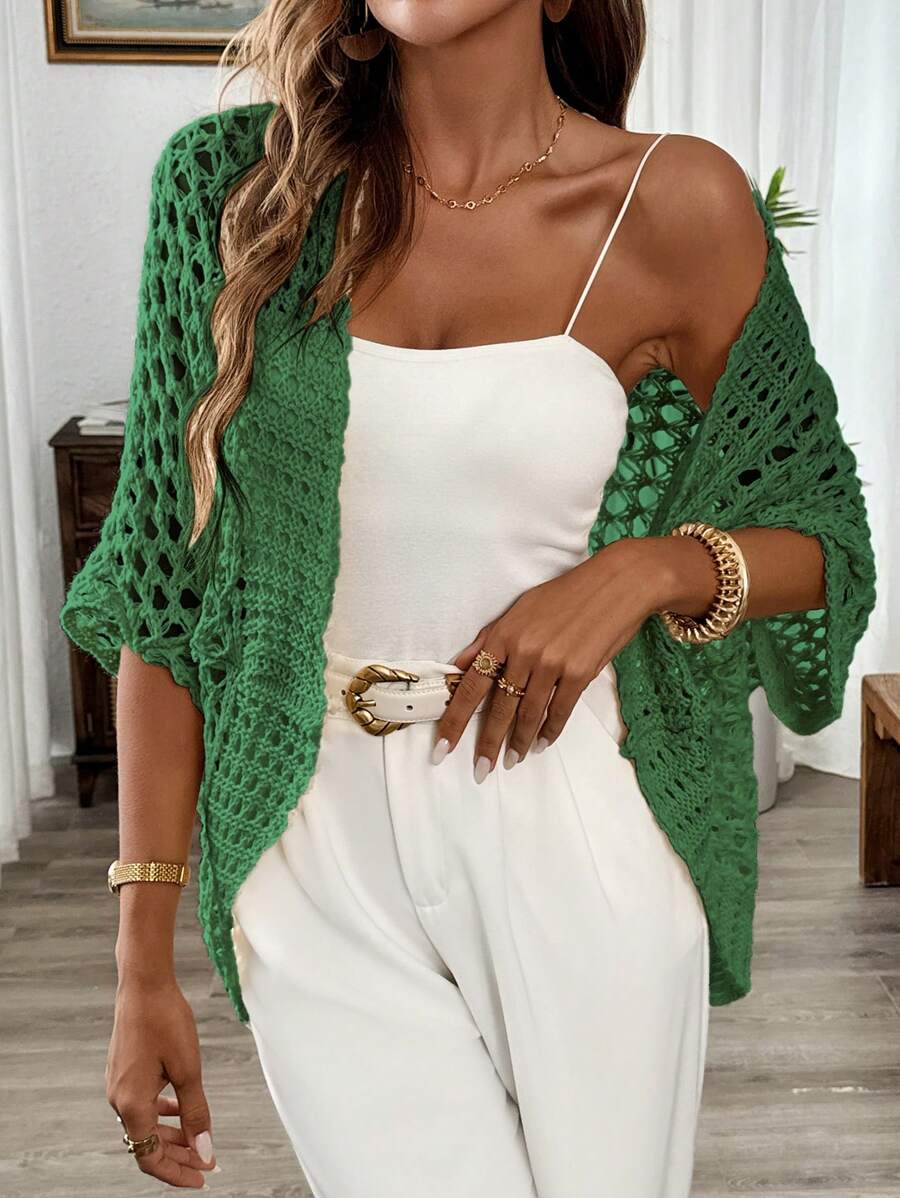 SHEIN LUNE Áo khoác cardigan dáng rộng khoét lỗ tay dơi thanh lịch mùa xuân/hè dành cho nữ - màu xanh lá - Xem 1