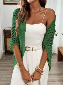 SHEIN LUNE Áo khoác cardigan dáng rộng khoét lỗ tay dơi thanh lịch mùa xuân/hè dành cho nữ - màu xanh lá - Xem 3