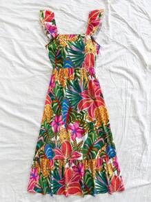 Soleia 女士花卉印花荷叶边方领盖袖连衣裙，夏季连衣裙，花裙 - 彩色 - 查看 3