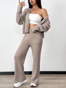 Chiquease Ribbed V-Neck Casual Solid Color Elegant Commute Fitted Knit Two-Piece Set - Apricot - View 6